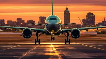 un' passeggeri aereo atterraggio su il aeroporto pista di decollo nel il ambientazione sole. generativo ai foto