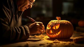 artigiano preparazione zucche per Halloween nel il suo officina. generativo ai foto