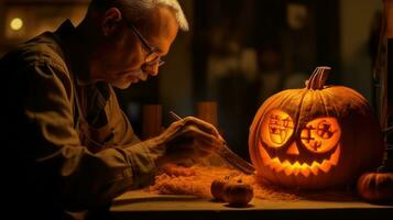 artigiano preparazione zucche per Halloween nel il suo officina. generativo ai foto