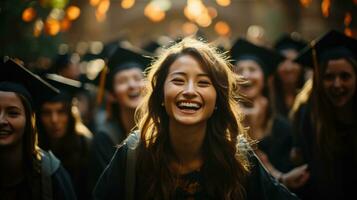 il orgoglio e gioia su il facce di un' gruppo di studenti come essi celebrare loro la laurea all'aperto. generativo ai foto