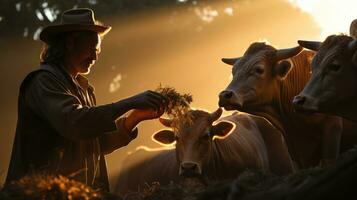 un esperto contadino alimentazione il suo animali presto nel il mattina. generativo ai foto