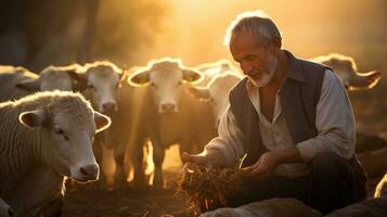 un esperto contadino alimentazione il suo animali presto nel il mattina. generativo ai foto