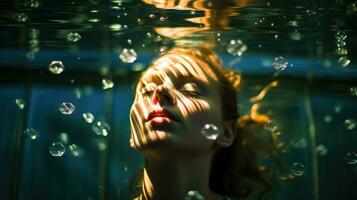 un' femmina nuotatore immersione in il profondità di un' piscina con sua occhi Chiuso. generativo ai foto