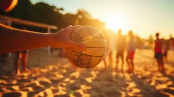 gruppo di amici giocando pallavolo con spiaggia isolato nel sfondo. generativo ai foto