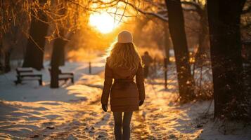 persona a piedi su nevoso strada a tramonto su un' inverno giorno. generativo ai foto