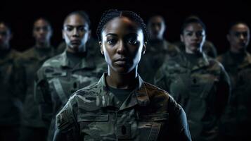 primo piano di donna nel un' militare uniforme su un' sfocato sfondo. generativo ai foto