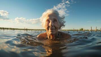un anziano donna nuoto pacificamente nel il lago. generativo ai foto
