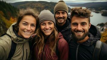 amici assunzione selfie su il escursioni a piedi sentiero. generativo ai foto