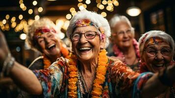 allegro gli anziani avendo un' bene tempo a il festa con loro vicino gli amici. generativo ai foto