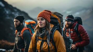 attento progresso di un' gruppo di alpinisti nel montagnoso terreno. generativo ai foto