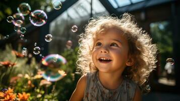 un' bambino colpi bolle nel il Giardino dietro la casa su un' soleggiato giorno. generativo ai foto