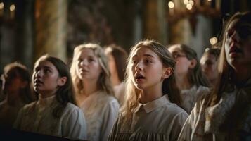 un' coro cantando durante Pasqua servizio nel un' storico Chiesa. generativo ai foto