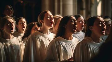 un' coro cantando durante Pasqua servizio nel un' storico Chiesa. generativo ai foto