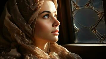 il sognatore è un' ragazza guardare su il finestra, sua occhi pieno con curiosità. generativo ai foto