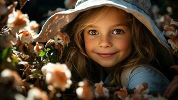 contento poco ragazza guardare per Pasqua uova nascosto tra verdura nel giardino. generativo ai foto