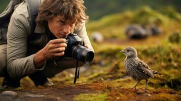 un' fotografo in attesa per prendere un' immagine di un' raro uccello. generativo ai foto