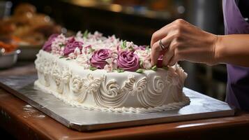 mani di talentuoso Pasticcino capocuoco fabbricazione intricato glassatura disegni su torta. generativo ai foto