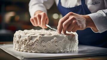 mani di talentuoso Pasticcino capocuoco fabbricazione intricato glassatura disegni su torta. generativo ai foto