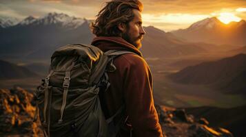 un' viaggiatore su il superiore di un' montagna guardare a il orizzonte. generativo ai foto