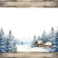 rustico inverno scena con un' acquerello confine e i fiocchi di neve foto
