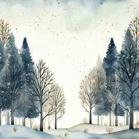 capriccioso inverno scena con disegnato a mano alberi e un' acquerello telaio. foto