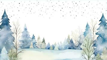 capriccioso inverno scena con disegnato a mano alberi e un' acquerello telaio. foto