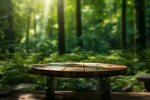 ai generativo foto di un' di legno tavolo nel foresta per Prodotto presentazione