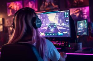 tiro di gamer ragazza è seduta di il pc ai generativo foto