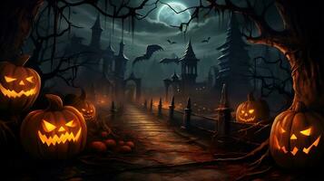 spaventoso Halloween sfondo con zucca e vecchio Casa ai generativo foto