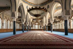 Visualizza di dentro moschea con un' grande tappeto ai generativo foto