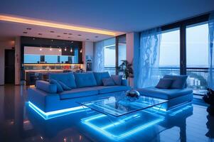 moderno lusso appartamento con luminosa blu leggero ai generativo foto