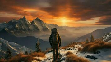 viaggiatore guardare a il tramonto al di sopra di il montagne. foto