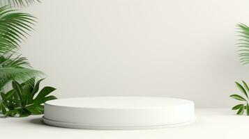 bianca podio, cosmetico Schermo Prodotto In piedi con foglia su bianca sfondo. foto