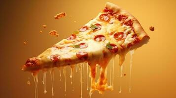 fetta di Pizza caduta in il aria su un' buio sfondo. foto