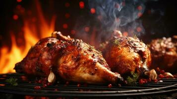 arrostito pollo gambe su il griglia con fiamme e Fumo, vicino su foto