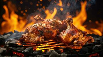 arrostito pollo gambe su il griglia con fiamme e Fumo, vicino su foto