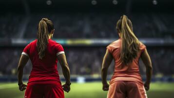 posteriore Visualizza di Due femmina calcio Giocatori in piedi nel stadio foto