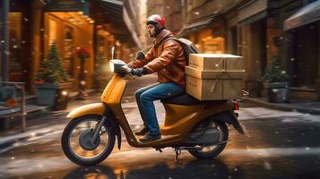 consegna uomo su scooter con scatole nel il città. consegna servizio concetto. foto