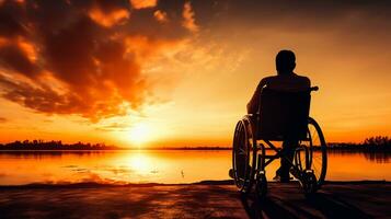 silhouette di Disabilitato uomo su sedia a rotelle a il spiaggia durante tramonto, disattivare giorno foto