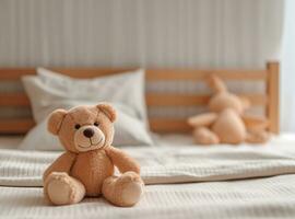 figli di letto con giocattolo orso nel Camera da letto, ai generativo foto