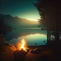 Bonefire campeggio nel foresta a notte, escursioni a piedi notte osso fuoco su vacanza inverni ,ai generato foto