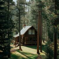 il affascinante di legno Casa offerte un' tranquillo, calmo fuga nel il mezzo di il foresta ,ai generato foto