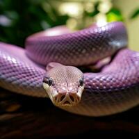 un' avvicinamento di il incantevole viola scintillante serpente ,ai generato foto