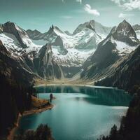 lago in giro montagna albero, bellissimo valle in giro montagne ,ai generato foto