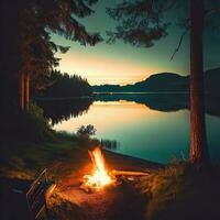 Bonefire campeggio nel foresta a notte, escursioni a piedi notte osso fuoco su vacanza inverni ,ai generato foto