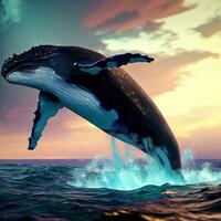 un' gobba balena salti elegantemente al di sopra di il scintillante acqua ,ai generato foto