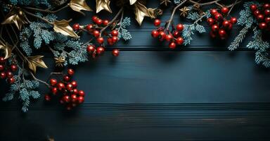 Natale sfondo con decorazione con abete rami e rosso frutti di bosco su buio blu legna tavolo, inverno vacanza saluto concetto, generativo ai foto