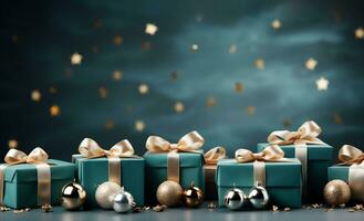 Natale sfondo con regalo scatola su legna pavimento con sfocato stella forma su blu parete, concetto per nuovo anno o inverno vacanza vendita promozione bandiera,generativo ai foto