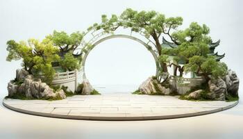 piccolo minimalista palcoscenico con bianca e verde Cinese città cancello ai generato foto