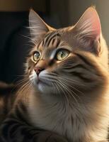 un' Marrone e nero a strisce soriano gatto con verde occhi - ai generativo foto